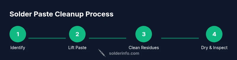 Infographic showing a four-step process for solder paste cleanup on a PCB
