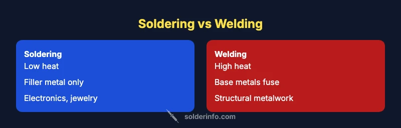 Comparison chart of soldering vs welding showing heat, materials, and applications