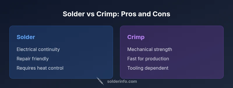 Infographic comparing solder and crimp methods with pros and cons