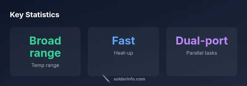 Infographic showing temperature range, heat-up speed, and dual-port capability for a soldering station