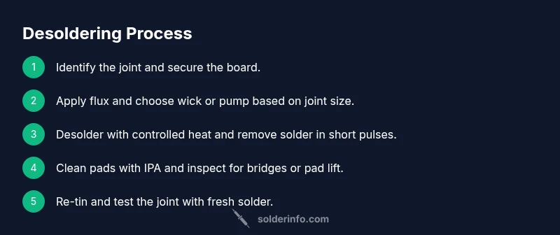 Infographic showing a five-step desoldering process for PCBs