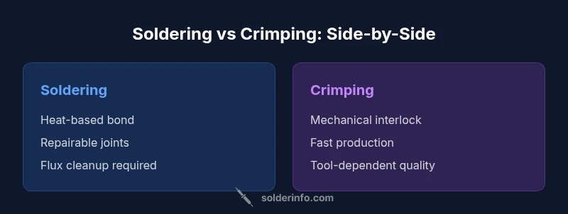 Side-by-side comparison infographic of soldering and crimping methods