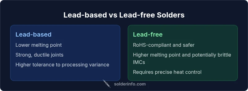 Comparison infographic showing lead-based vs lead-free solder strength factors