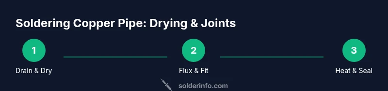 Process infographic showing drain/dry, fluxing, and heating steps for soldering copper pipe