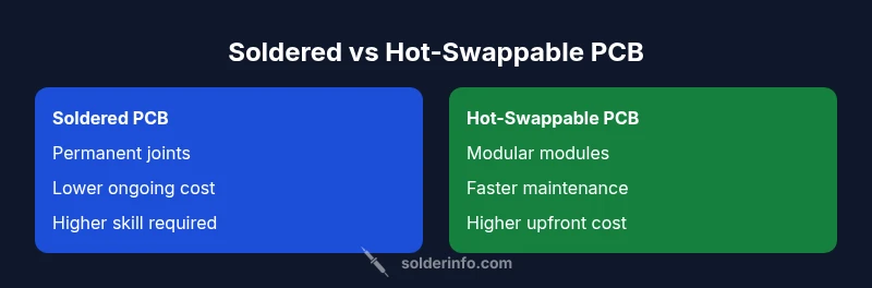 Diagram comparing soldered vs hot-swappable PCBs with pros and cons