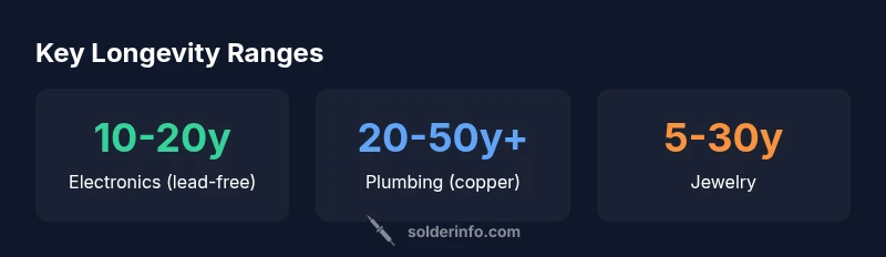 Infographic showing lifespan ranges for solder joints across electronics, plumbing, and jewelry