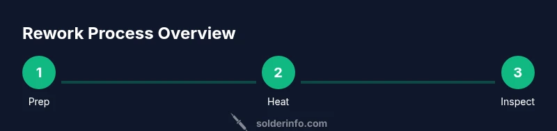 Infographic showing a 3-step rework process with prep, heat, and inspect stages