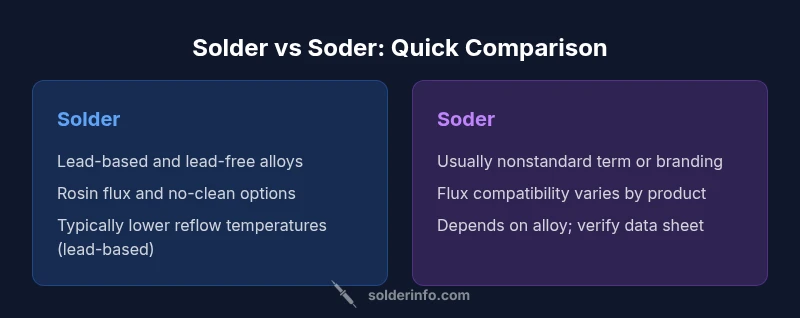 Infographic comparing solder vs soder across alloys, flux, and applications
